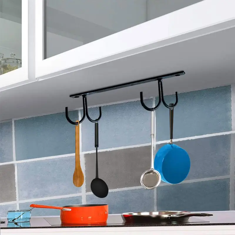 

R9UF Kitchen Cup Holder Mug Rack Under Cabinet 4 Hooks Under Shelf Display Hanging