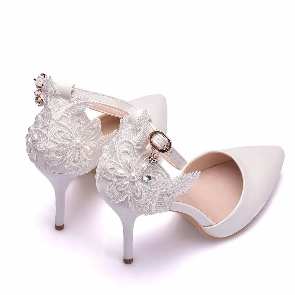 

Crystal Queen Large Size Women's Shoes White Lace High Heels Banquet Wedding Shoes Bridal Shoes Pointed Sweet Wild Single Shoes