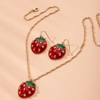 cute red strawberry pendant necklace stud earrings sets baby kid girl gold color anti allergic jewelry for women party accessary