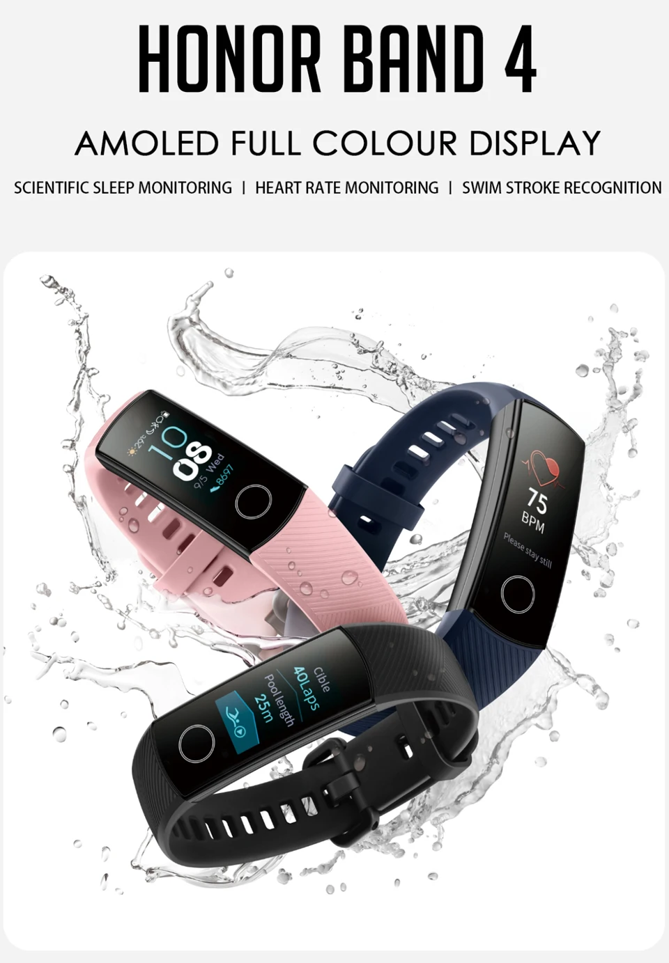 Умный Браслет huawei Honor Band 5, 4, 0,95 дюйма, трекер, умный OLED, для плавания, водонепроницаемый, Bluetooth, фитнес-трекер, сенсорный экран