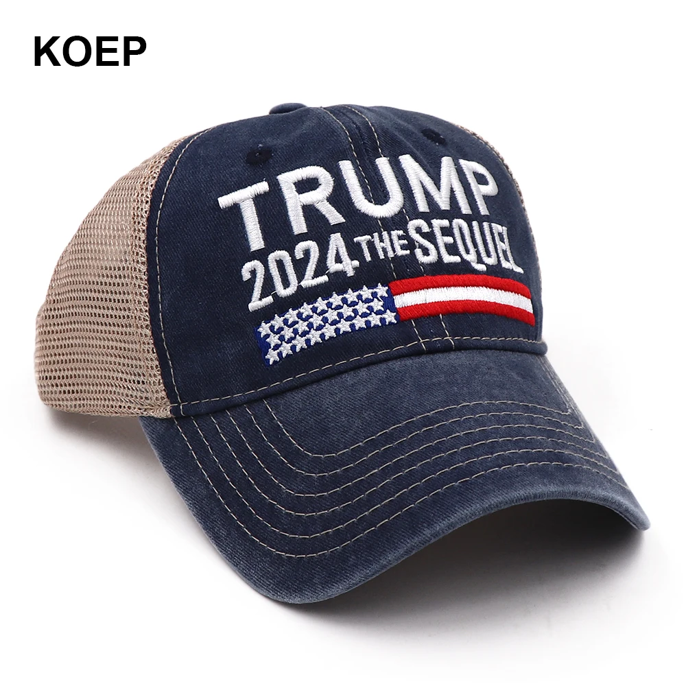 

KOEP New Donald Trump 2024 The SEQUEL Cap Washed Mesh Baseball Caps I VOTE FOR TRUMP Snapback Hat Embroidery Drop Shipping
