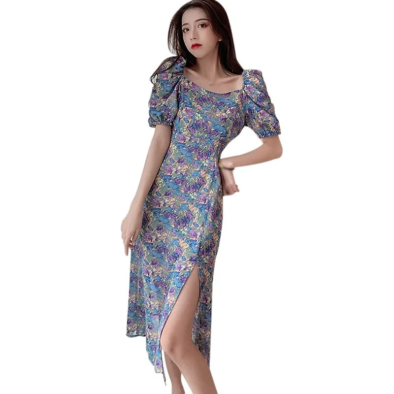 

Temperament Women Dress French Style Floral Square Collar Hem Slit Long Dress Puff Sleeve Vetements Femmes Vestido De Mujer