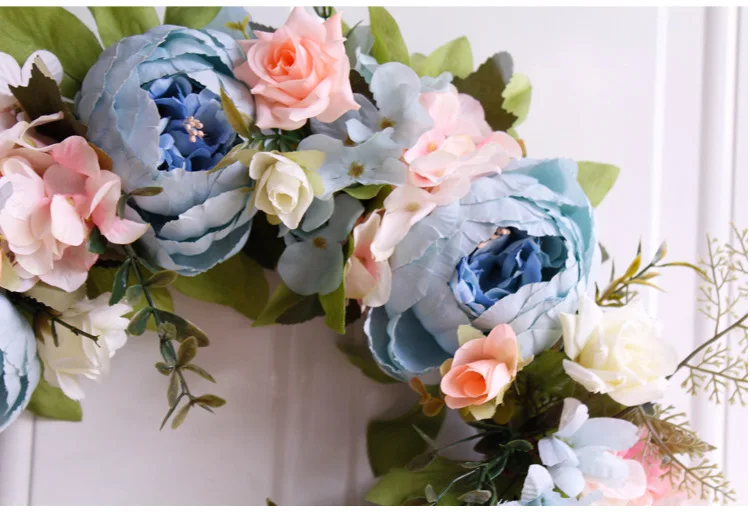 

40cm Blue Peony Wreath European Style Artificial Flowers Welcome Wreath Door Ornaments Christmas Party Wedding Home Decoration