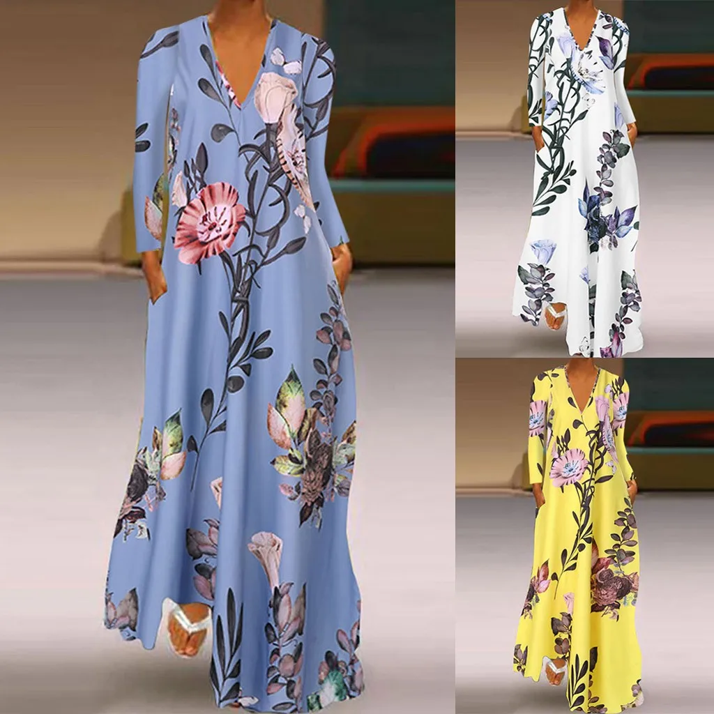 MISSOMO vestidos, макси платье, женское Повседневное платье размера плюс 5XL, женское платье с v-образным вырезом, с цветочным принтом, с длинным рукавом, свободные платья, платье для вечеринки 910