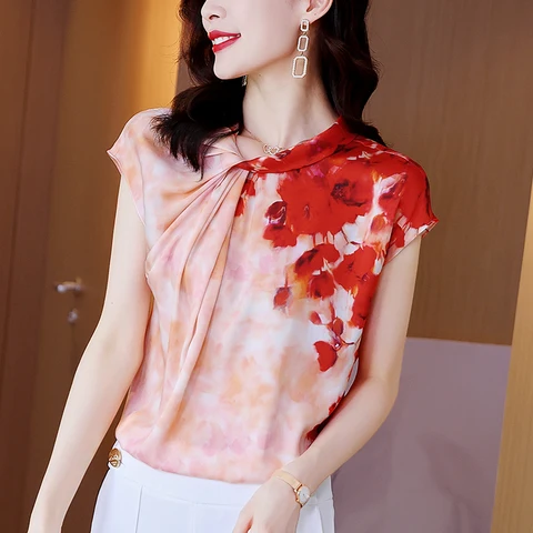 Fashion Woman Blouses and Shirts 2023 Summer Elegant Short Sleeve Women's Shirt Real Silk Loose Tops Women Floral Print Blouse