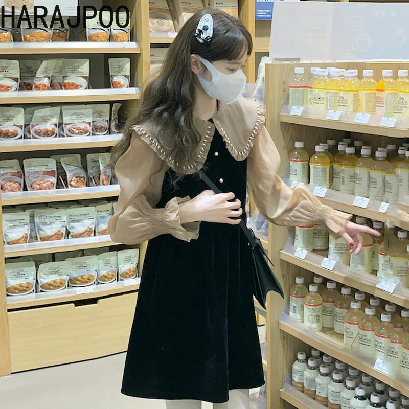 

Harajpoo Dresses Woman Fake Two Piece Velvet 2022 Spring Autumn New Peter Pan Collar Harajuku Fashion Long Sleeve Mini Dress