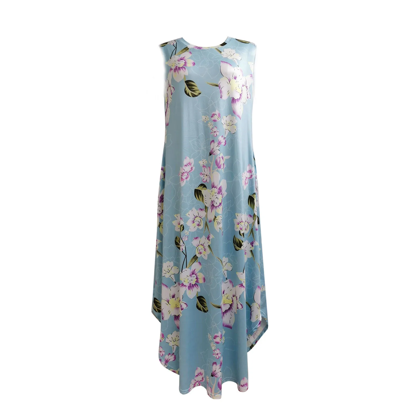 

Women's Dress Ladies Sleeveless Pocket Casual Floral Printing Beach Long Maxi Loose Dress Beach Sundress Vestidos Plus Size617#G
