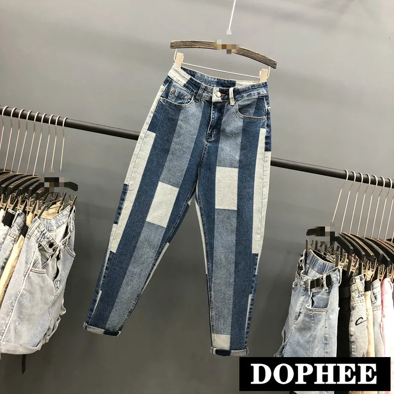 

Женские джинсы с высокой талией, эластичные шаровары в европейском стиле с геометрическим узором, синие джинсовые брюки, джинсы, осень 2020