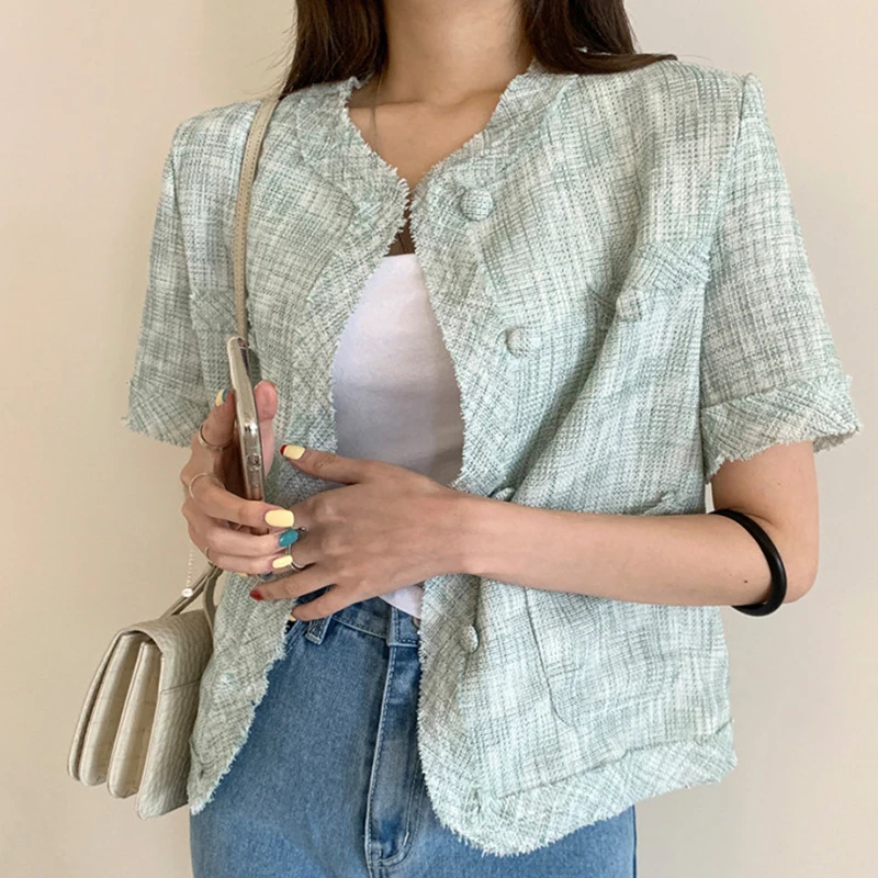 

Sannian Women Jackets Korean Retro V-neck Single-breasted Loose Design Sense Mixed Color Short Jacket Jacket Women Clothes