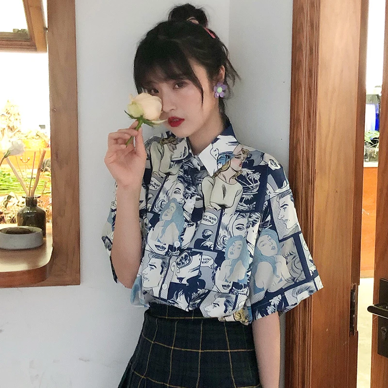 Женская летняя рубашка в Корейском стиле Ulzzang милая винтажная с короткими