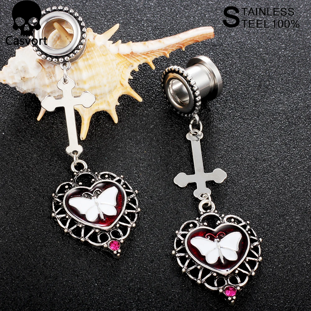 

Casvort 2 PCS Stainless Steel Halloween Butterfiy Dark Heart-Shaped Dangle Ear Plugs Tunnels Gauges Stretcher Piercings Gift