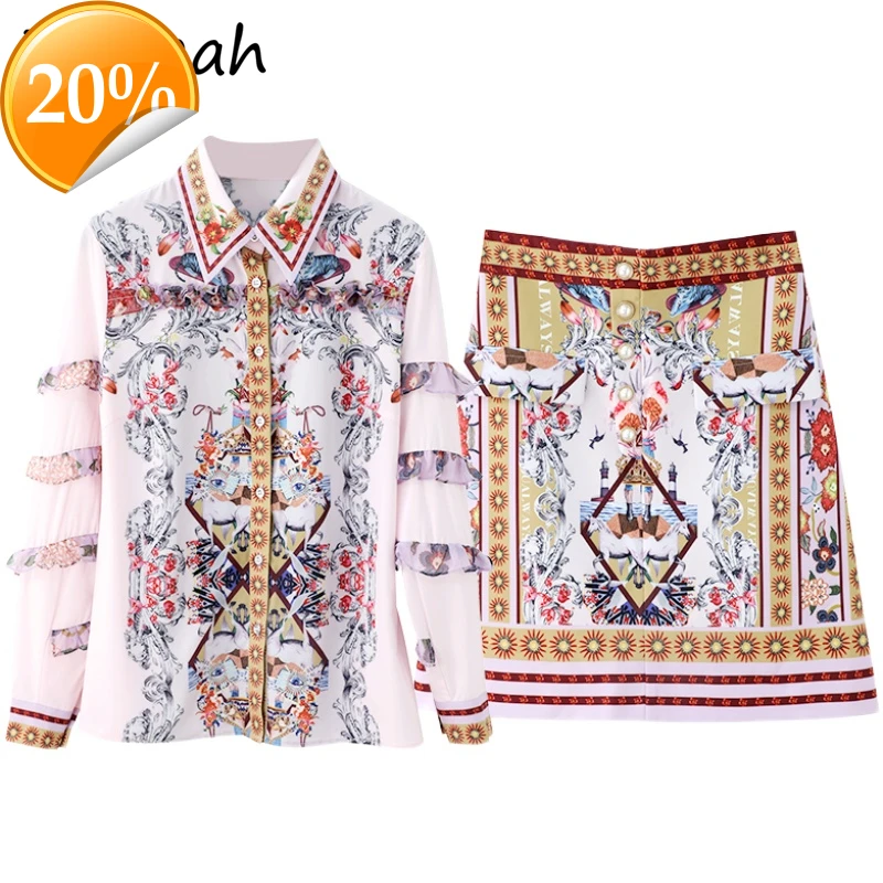 

Spring Women Fashion Designer Rock Set Lateral Shell Shoes Lost Shirts + High Tail Print Short A-Line skirts 2021