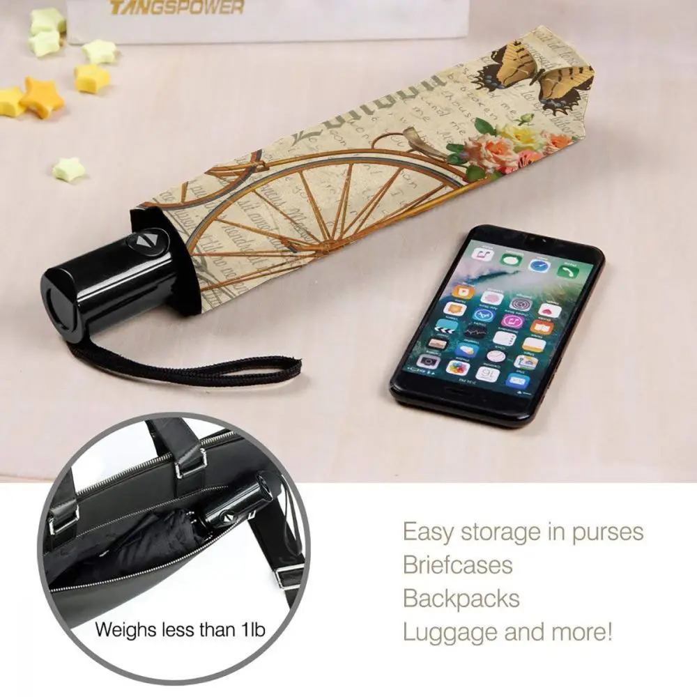 

Automatic Umbrella Retro Postcard London With Big Ben Roses And Bicycle three-fold umbrella women men rain umbrella