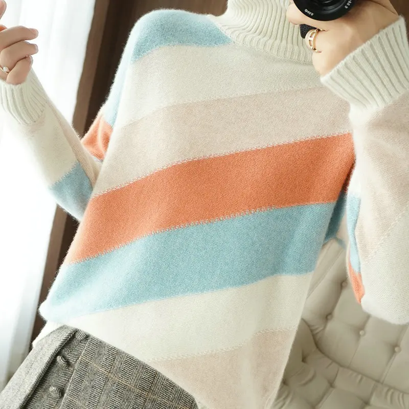 

Cashmere Base Shirt 2020 New Women's Fall/Winter High Neck 100%Wool Sweater Thick Large Size Pullover Contrast Color Knitted Top