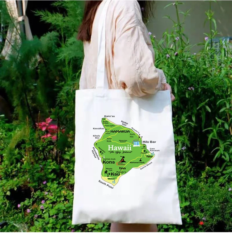 

Hawaii Big Island Map Canvas Bag Hawaii Aloha Shopping Bags Cartoon Fashion Eco Friendly Cute Bag Print Reusable