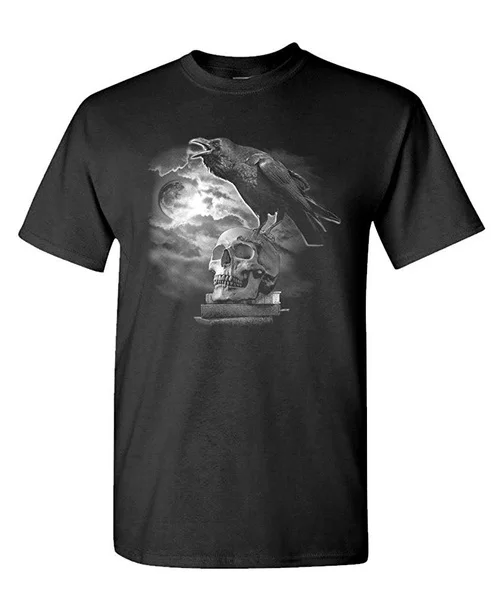 

Raven Skull Short Sleeve T-Shirt- Edgar Allen poe Poetry Dark - Mens Cotton Men Summer T-shirt