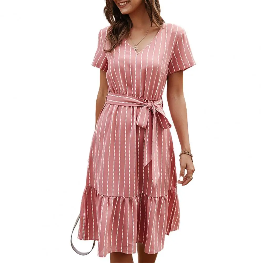 

Ladies Dress 2021 Summer Stripe Printing Breathable 5 Colors Women V Neck Loose Dress for Shopping