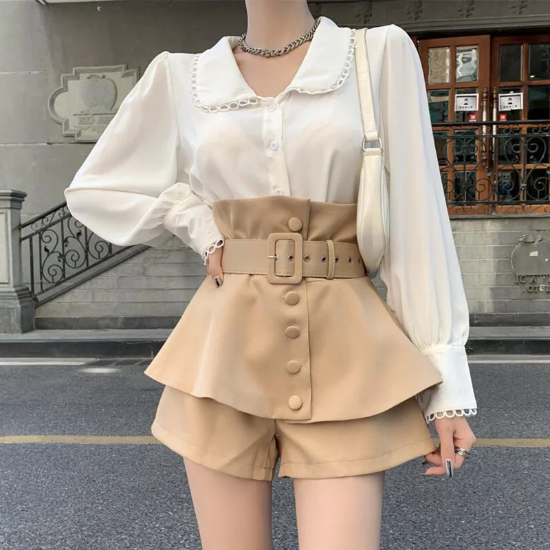 

Korean Fashion OL Work Wear 2 Piece Set Women Long Sleeve Shirt Blouse + High Waist Shorts Sets Spring Fall Two Piece Pant Suits