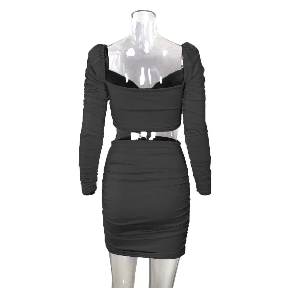 

Women Fashion Two Piece Set Long Sleeve Crop Top & Bodycon Mini Ruched Skirt Women Set Autumn Sexy Fleece Set Club Outfit Party