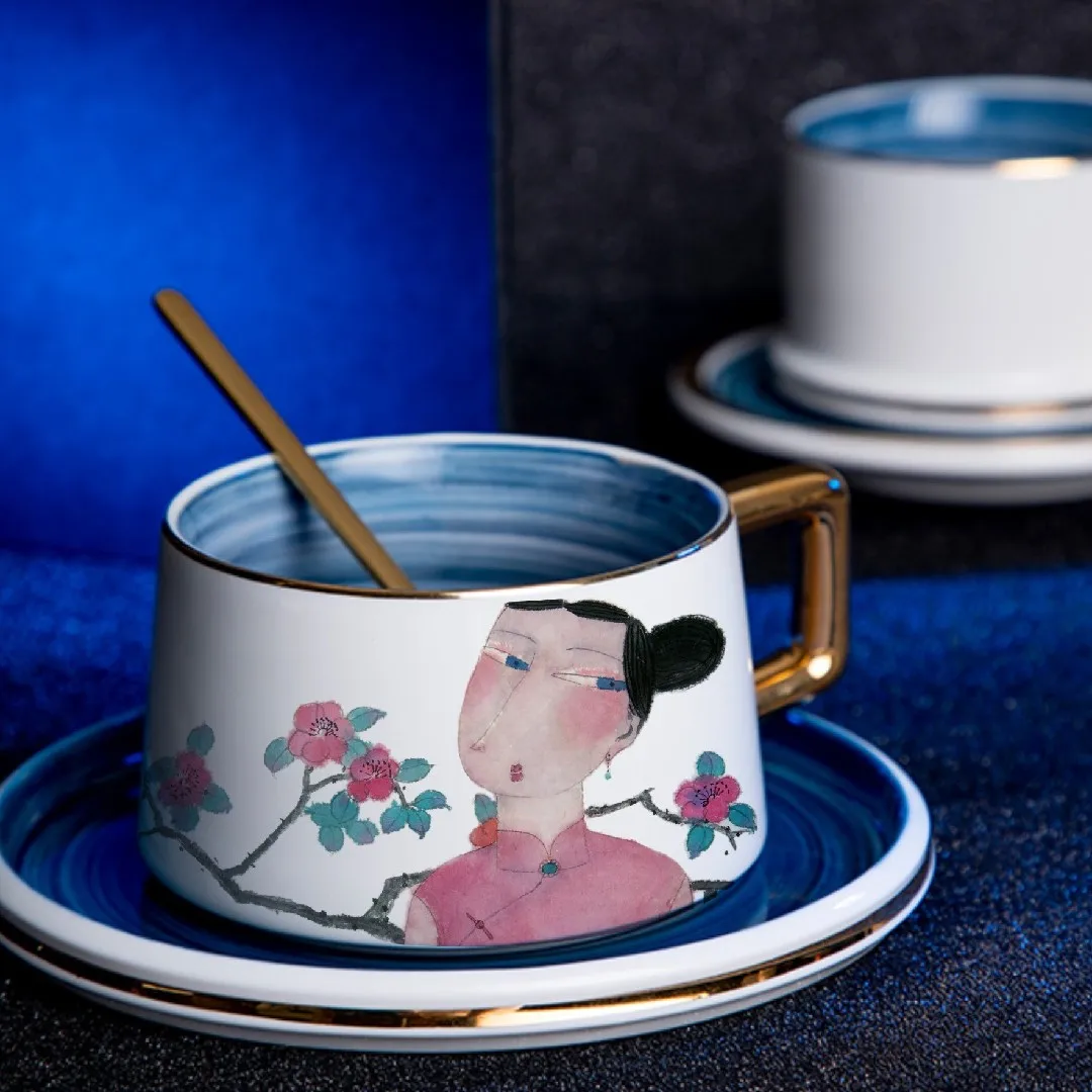 

Afternoon tea set for artist, cup of coffee and black tea, porcelain illustration