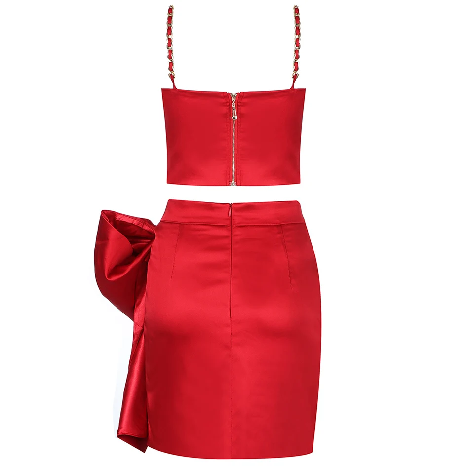 

2021 New Summer Women's Sexy Red 2 Two-piece Set Spaghetti Strap Short Top & High Waist Bow Mini Skirt Bodycon Club Party Set