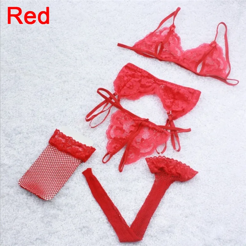 

Women Bra Brief Sets Lace Open Crotch Bra Erotic Lingerie Underwear Cueca Panties + Porn Bra + Net Socks + Sling Lingerie Set