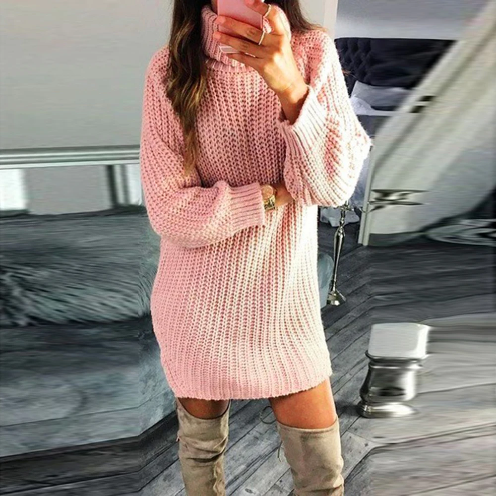 HEFLASHOR 2019 Knitted Sweater Dress Women Solid Autumn Turtleneck Pullover Casual Long Sleeve Jumpers Ropa Mujer Vestidos | Женская