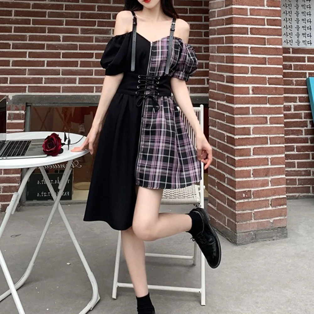 

2021 Summer New Plaid Stitching Large Size Irregular Women's Dress High Waist Fashion Design One Shoulder Summer