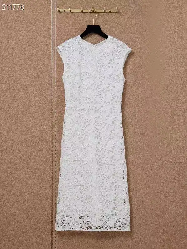 

Sleeveless Party Runway Elegant Summer High Waist Hollow Out Floral Embroidery 2021 Luxury A-line Midi White Dresses Women