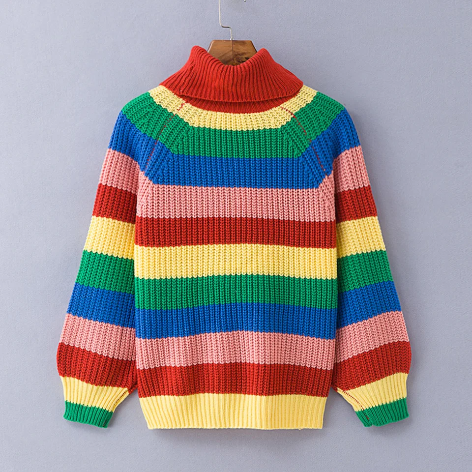 Радуга Полосатый В Полоску Свитер Грубый Вязаный Полувер Водолазка Пыхтеть