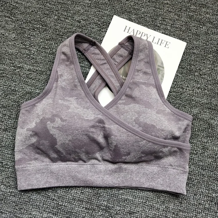 CB1094 purple bra Зимний укороченный Топ с длинным рукавом, камуфляжный комплект для йоги, спортивная одежда для женщин, одежда для спортзала, фитнеса, Леггинсы для йоги+ спортивный бюстгальтер, спортивный костюм для женщин - Цвет: CB1094 purple bra