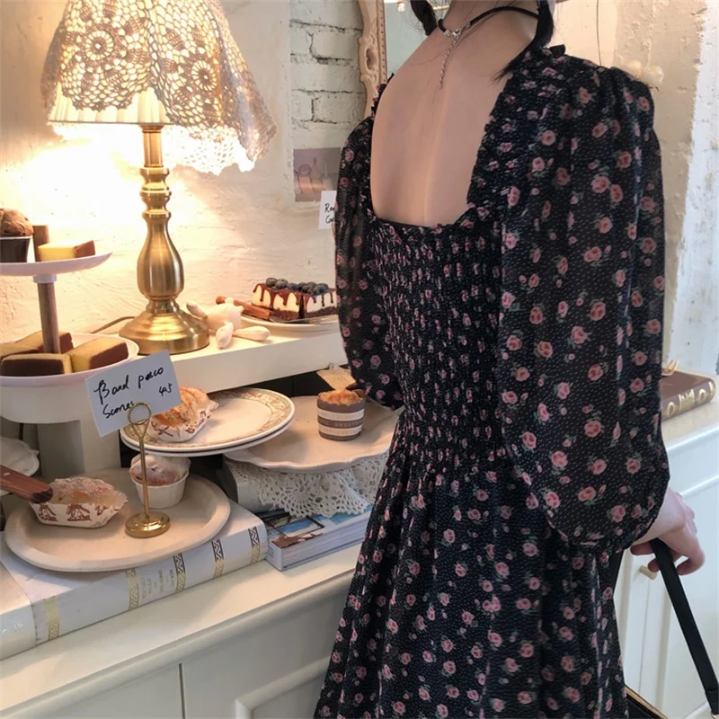 

Sweet Woman Dress Vintage Floral Printed 2020 Summer Women Korean A-Line Kawaii Dresses Casual Square Collar Party Dress Vestido