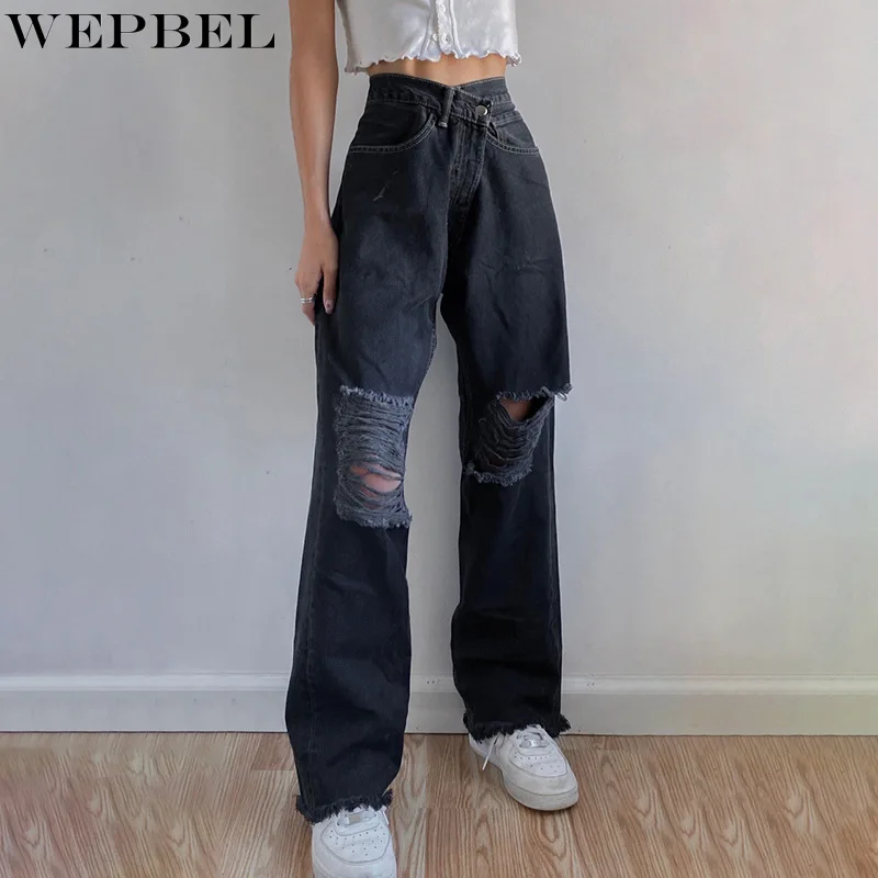 

WEPBEL Jeans Spring and Autumn Fashion Loose Hole Denim Pants Women's Casual Solid Color High Waist Button Straight Jeans