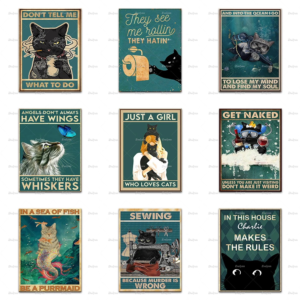 

Just A Girl Who Loves Cats Poster,Cat Mermaid,Funny Black Cat , Bathroom Art,Sewing Wine Art.Home Decor Canvas Wall Art Prints