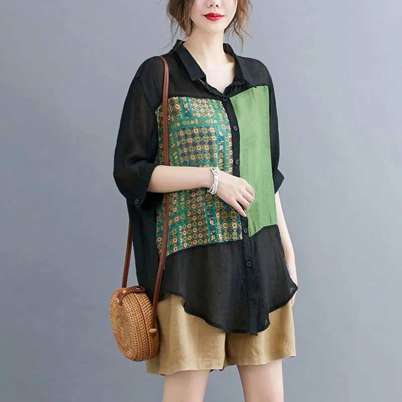 

Блузка женская летняя свободного покроя, с винтажным принтом, P1031