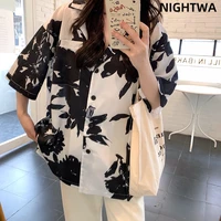 nightwa streetwear black and whire print shirt summer blouse women 2021 collared button up shirt japanese short sleeve blouse