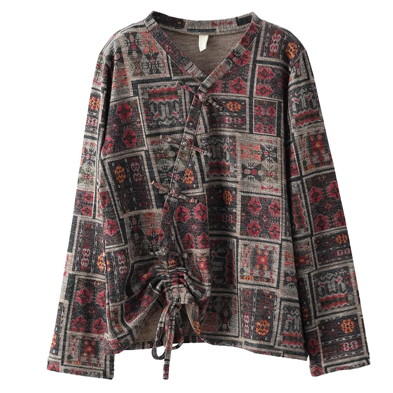 

Women Ethnic Style T Shirt V Neck Print Elastic Fabric Long Sleeve Retro Vintage Casual Big Loose Oversized