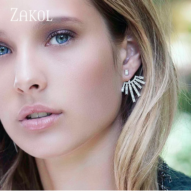 ZAKOL сверкающий фианит багет серьги для женщин белого золота Цвет Свадебная