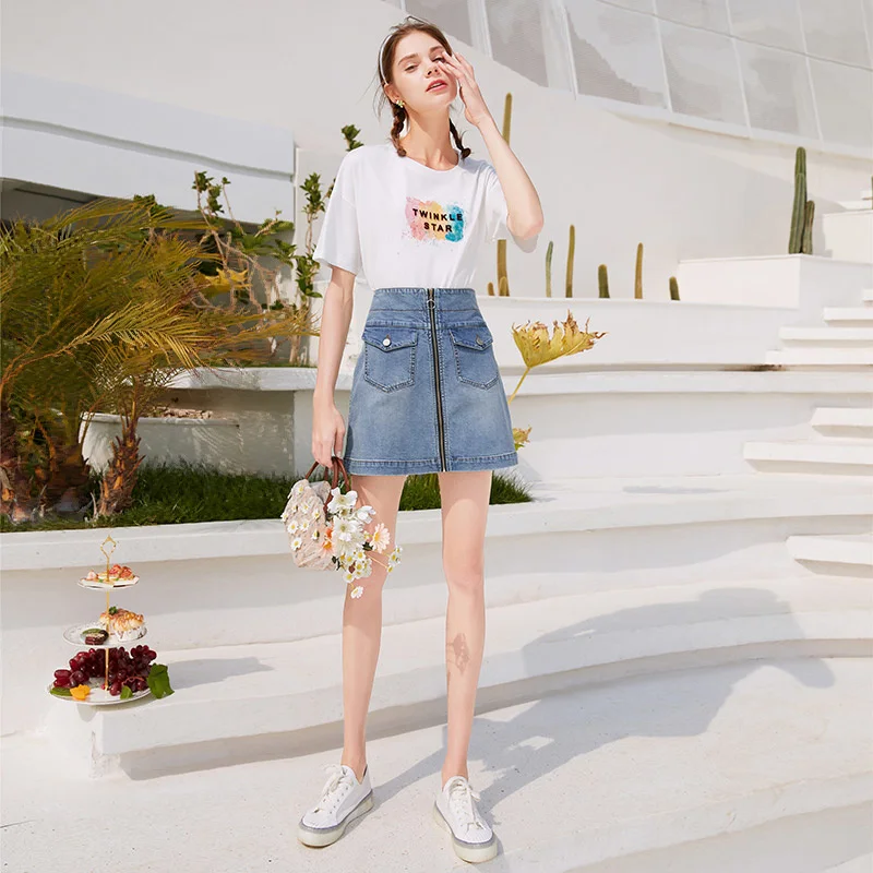 

SHZQ Denim Skirt Women's 2021 Summer New Fashion Design High Waist Short Skirt Slim A-line Skirt