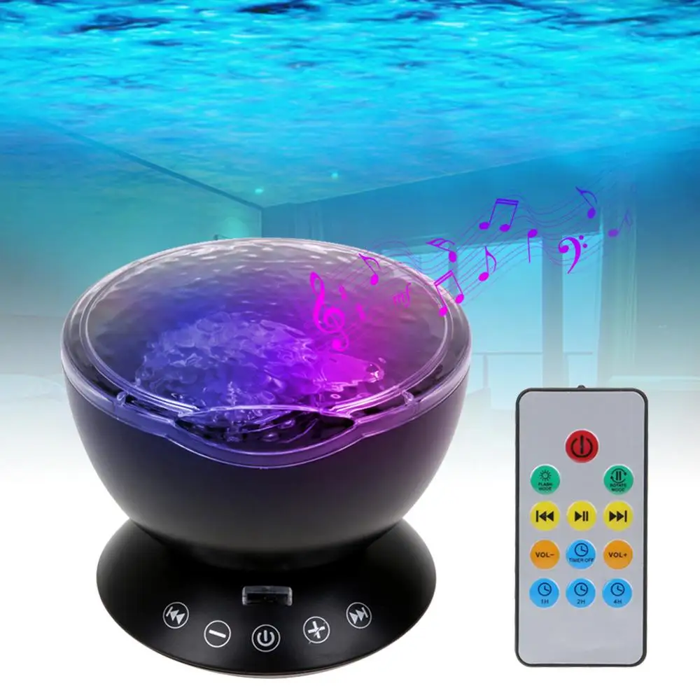 

Цветной проектор океанских волн, светодиодный ночсветильник с дистанционным управлением через USB, музыкальный проигрыватель с TF-картами и ...