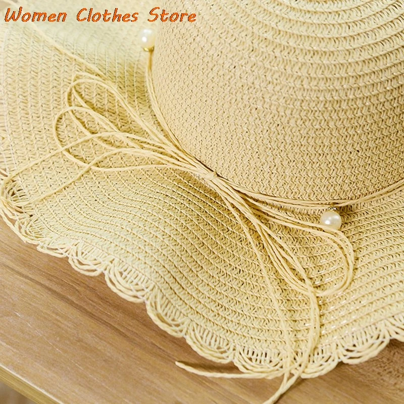 

Simple Wide Brim Floppy Women Straw Hat Bow Pearl Sun Hat Beach Women Summer Hat UV Protect Travel Cap Lady Hat