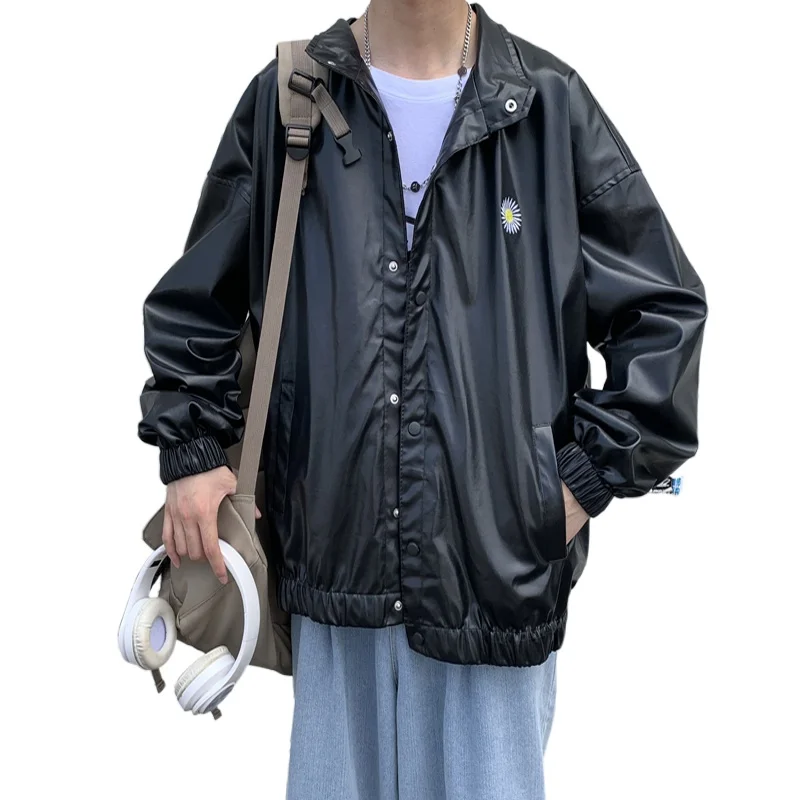 

YASUGUOJI New 2021 PU Leather Jacket Men College Embroidery Vintage Spring Autumn Hip Hop Oversized Loose Bomber Jacket Couple