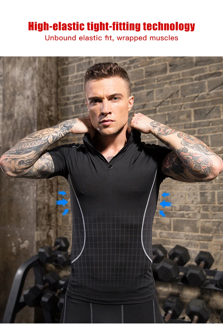 Мужская спортивная рубашка на молнии с высоким воротником для бега компрессионная эластичная спортивная одежда фитнес-Тренажерный зал рубашка с коротким рукавом тренировочный топ