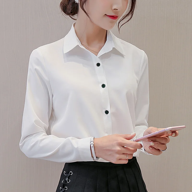 Brand Spring White Shirts Chiffon Office Ladies Blouse Bodycon Base Tops Big Size Fashion Leisure Shirt Long Sleeve Blouses