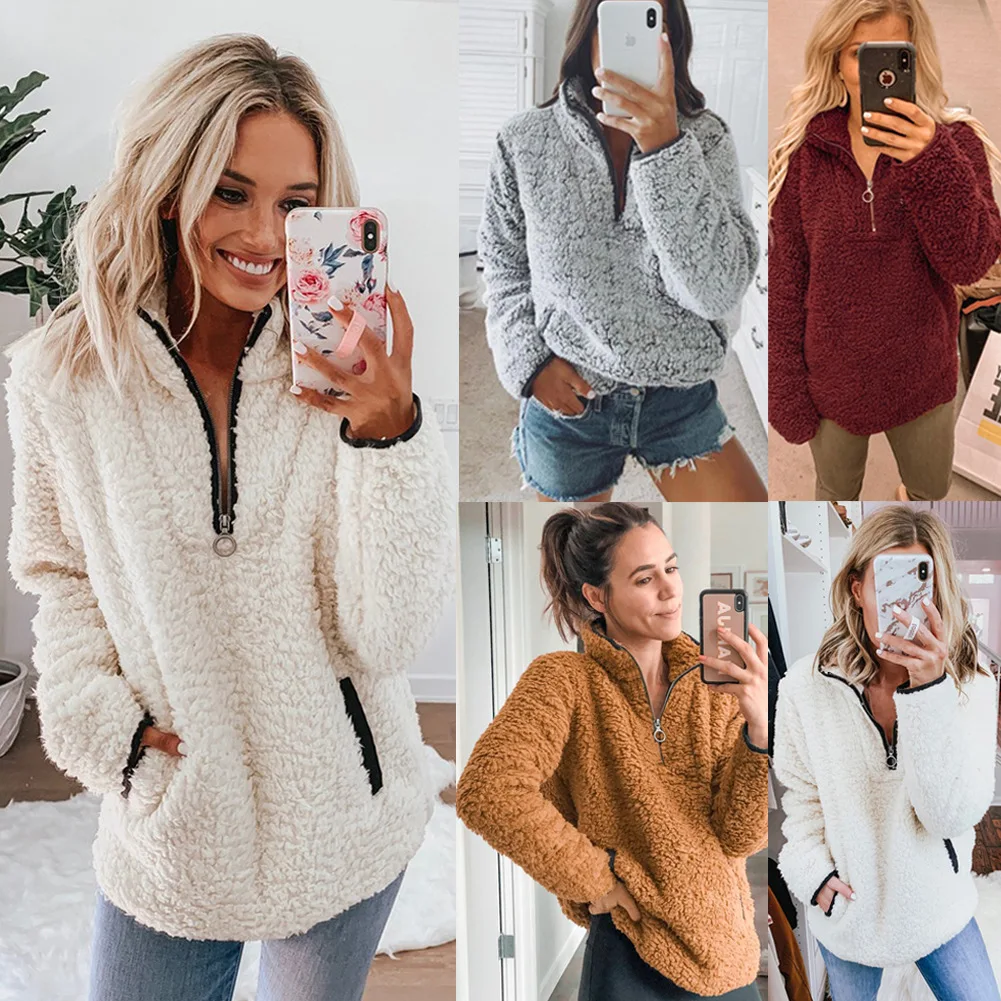 

New autumn and winter lapel zipper pocket long-sleeved blouse plush jacket