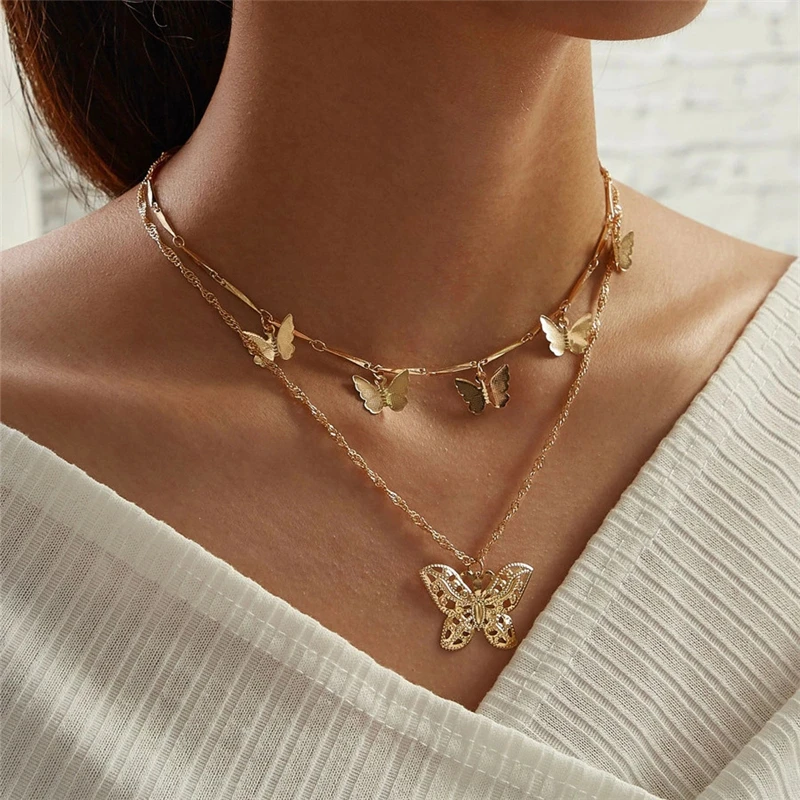 

LIMARIO Gold Multilayer Chain Butterfly Pendant Choker Necklace Women Statement Collares Bohemian Beach Jewelry Gift Collier