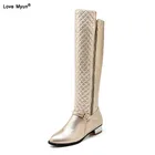 Женские сапоги размера плюс 34-45, новые женские зимние сапоги из PU искусственной кожи на низком квадратном каблуке с пряжкой черного, золотого, серебряного цвета, 896