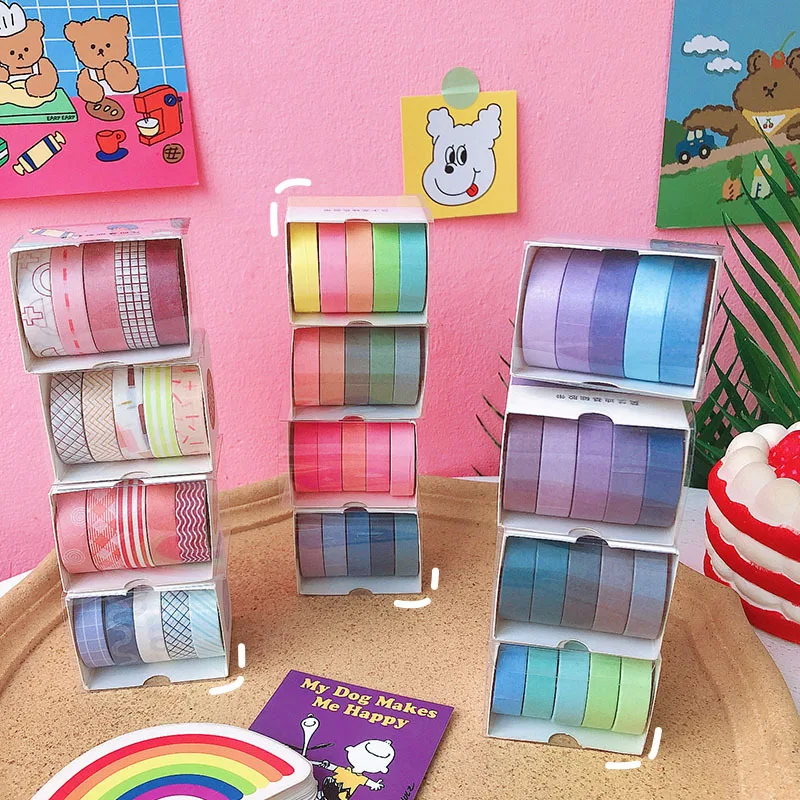 5PCS Washi Tape Set Kawaii Color of Macaron Handbook Sticker Student DIY Scrapbooking Journal Decoration School Stationery | Канцтовары