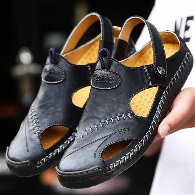 

2021 summer new leather men's sandals open toe breathable casual platform comfortable beach shoes slipper fashionable mens shoes
