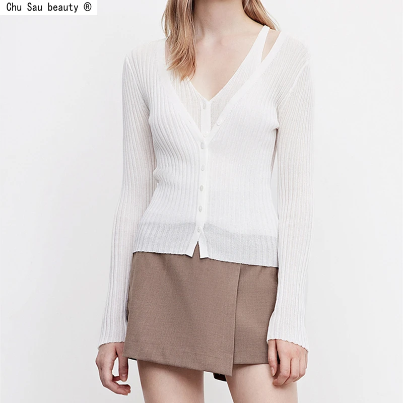 

Осень 2021 корейский Повседневный однотонный однобортный ажурный V-образный вырез облегающий эластичный Вязаный топ из двух частей